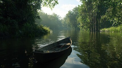 Old Wooden Boat on a Calm River in a Lush Green Forest at Sunrise
