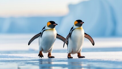 Fototapeta premium Two penguins walking across the icy landscape in Antarctica during a sunny day