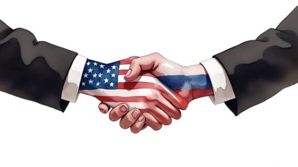 painted illustration of a handshake of men's hands with the flags of Russia and the USA