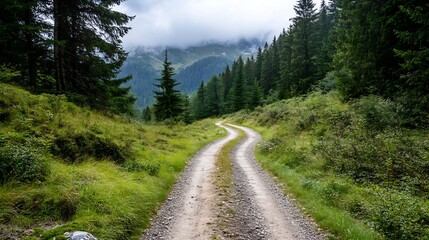 Fototapeta premium Winding dirt road through a dense forest showcasing nature's tranquil beauty : Generative AI