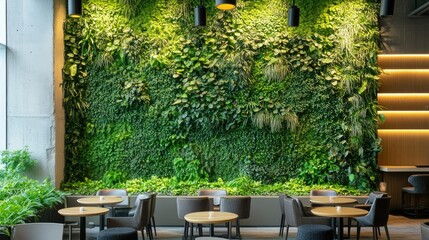 Fototapeta premium A green leaf wall in a hotel lobby, transforming the space into a tropical oasis with cascading plants