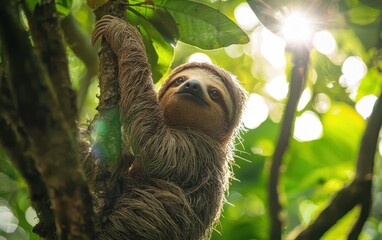 Fototapeta premium A tiny pygmy three-toed sloth hanging from a tree