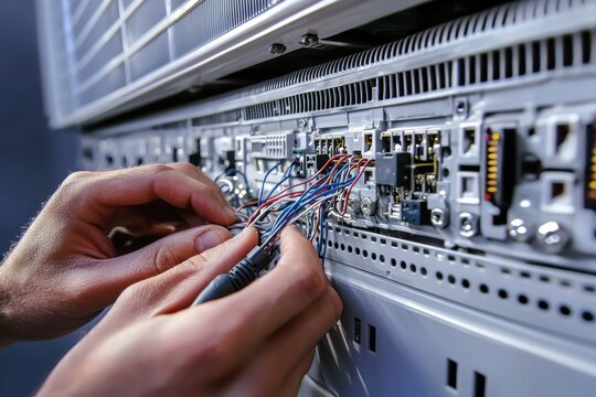 Hands meticulously wiring a complex server system, showcasing the crucial process of connectivity and maintenance in a modern data center environment, emphasizing technology's backbone.