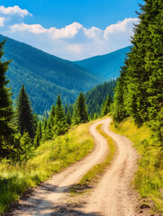 Obraz premium Winding dirt road through a mountain meadow framed by evergreen trees leading into a valley under a bright blue sky.