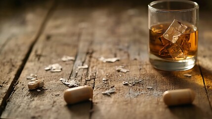 Stylish Drink Glass with Ice Cubes on Rustic Wooden Table Surrounded by Pills : Generative AI