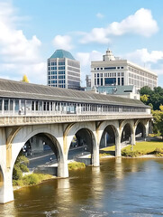 Arched bridge crossing a river with cityscape buildings and a partly cloudy blue sky in the background.