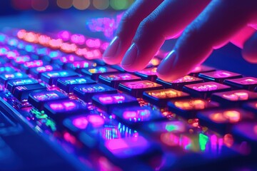 Close-up shot of fingers pressing keys on a vibrant gaming keyboard illuminated with blue, pink, and purple RGB lighting, highlighting modern technology and interactive gaming.