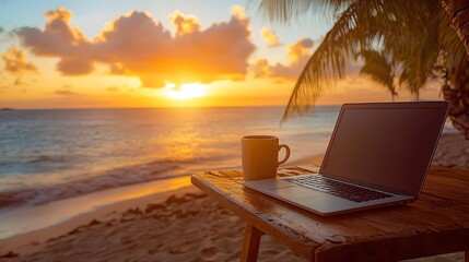 Freelancer Working Remotely on Tropical Beach with Laptop and Coffee Cup in Relaxed Atmosphere