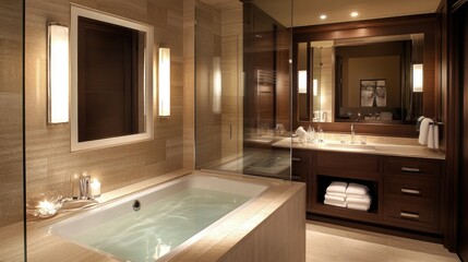 A luxurious bathroom with a large rectangular mirror above a stylish sink, accented by soft lighting for a spa-like feel