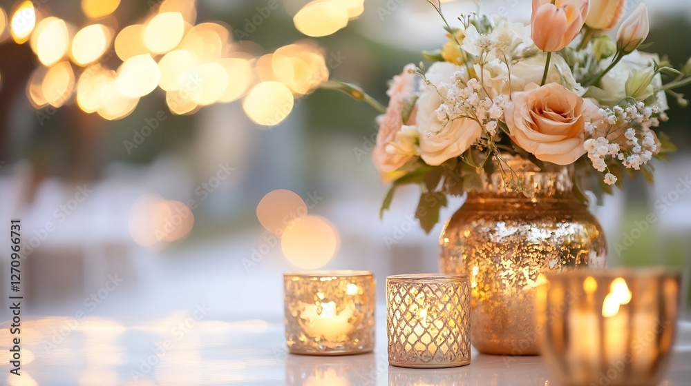 Poster beautiful floral arrangement with soft roses and candles in an elegant setting for special occasions