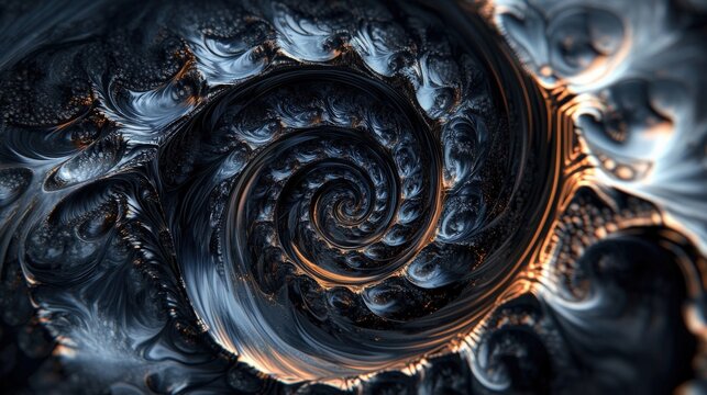 Infinity and other time related concepts, banner design. Black clock face twisted in spiral, fractal pattern