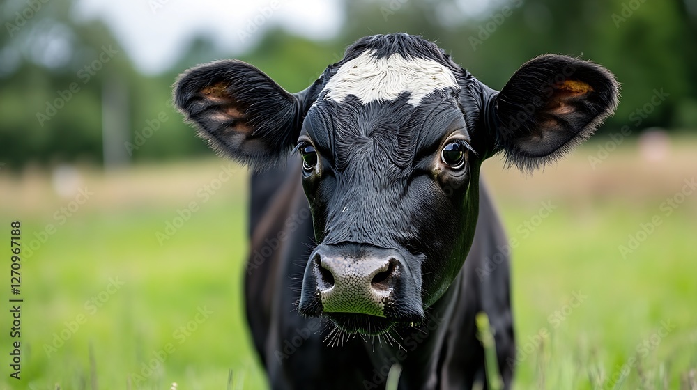 Poster curious black and white calf looking directly at the camera in a lush green pasture surrounded by na