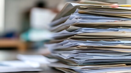 Stack of disorganized papers with a blurred background highlighting office chaos and clutter : Generative AI
