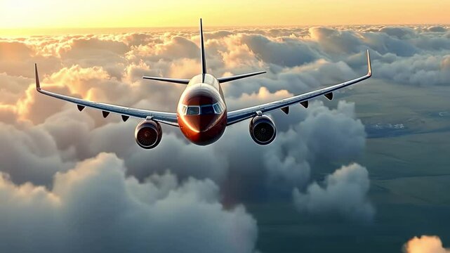 A close-up of a passenger plane flying through the sky with soft clouds creating a sense of space.