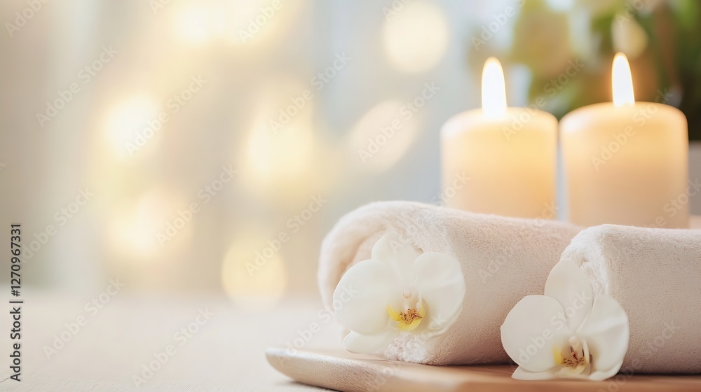 Poster soothing spa setting with candles and white orchid for relaxation : generative ai