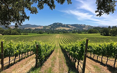 A vineyard with rows of grapevines stretching into the distance
