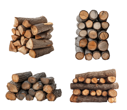Stack of firewood collection isolated on transparent background. Generative AI