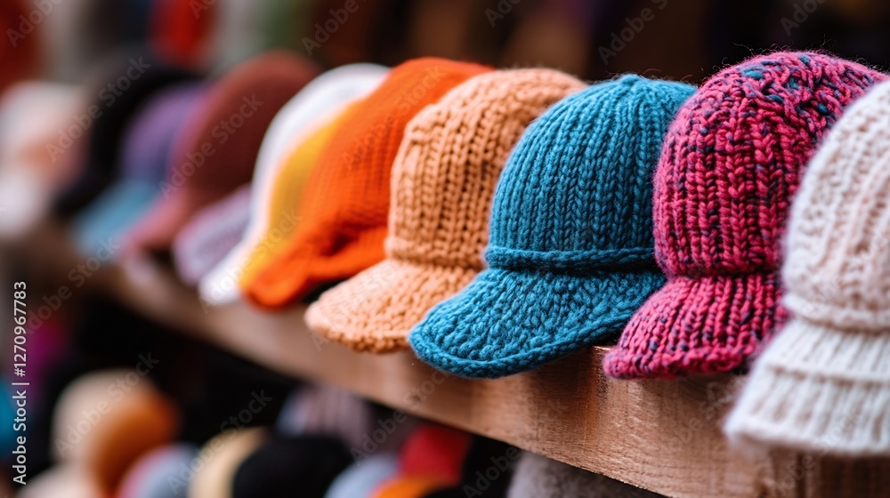 Poster Colorful collection of knitted hats displayed in a shop creating a warm and inviting atmosphere : Generative AI