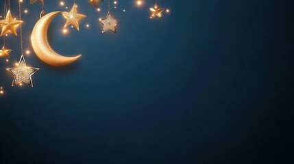 Night sky with golden crescent moon and sparkling stars hanging