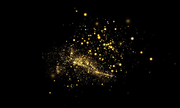 Magic bright golden cloud of sparkling bokeh highlights. Small, bright particles of sparkling bokeh highlights and fine bright dust. Christmas colorful glow effect on dark background