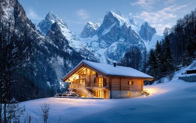 A wooden chalet with a snowy roof, nestled between towering mountains