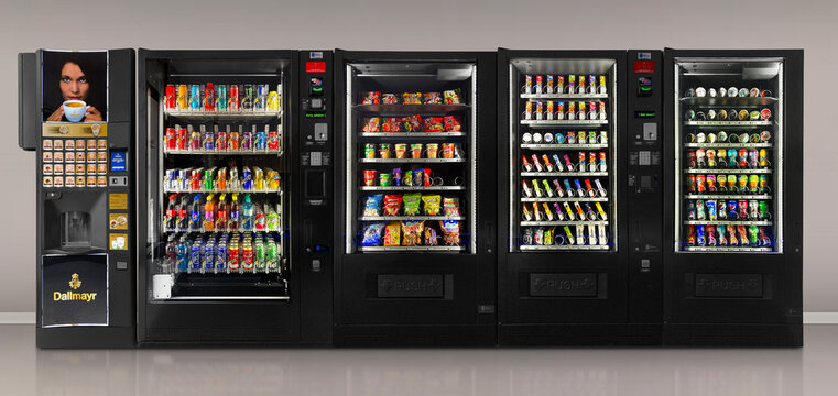 Vending machines with various drinks in a self-service store. Mockup or background for architects, graphic designers. Editorial photo, mockup. No Generative AI was used. Graz - Austria - 03. 22. 2023