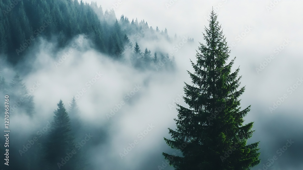 Poster Mysterious fog blankets lush green coniferous trees creating an enchanting forest atmosphere : Generative AI