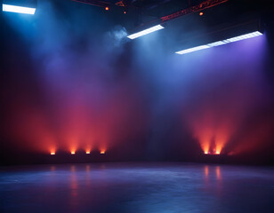 The dark stage shows, an empty dark blue, purple, and red background, neon light, The asphalt floor, and studio room with smoke float up the interior texture, concert stage spotlight.