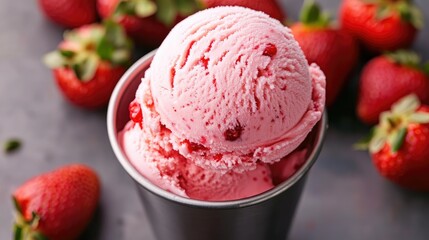 A perfectly round scoop of strawberry ice cream being lifted from a tub, with fresh strawberries in the background.