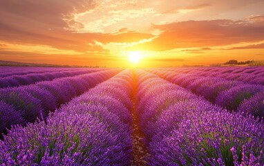 Fototapeta premium Beautiful lavender fields in full bloom under a golden sunset