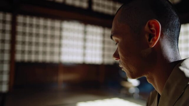 Japanese Monk Zen Meditation in Old Temple.