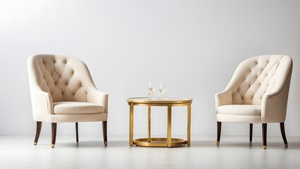 Fototapeta premium Two Luxury Chairs with Round Table banner with empty space Without Text, White luxury background, holiday banner poster background for advertisement ads