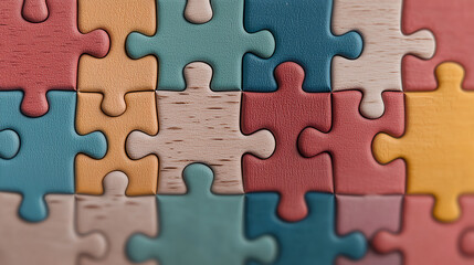 Close-up of colorful jigsaw puzzle pieces interlocked
