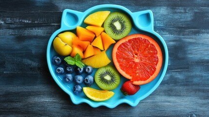 A plastic plate in the shape of an animal, filled with bright fruits and veggies, offering a playful way for kids to enjoy healthy food