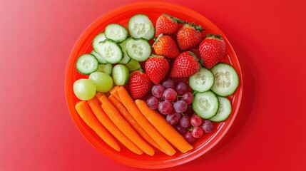 A playful children's plastic plate filled with sliced strawberries, grapes, cucumber, and carrots, perfect for a nutritious snack