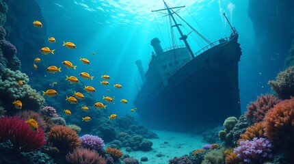 Sunken Shipwreck and Vibrant Coral Reef: An Underwater Paradise