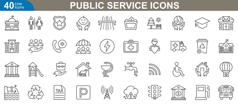 Public service line icons set. Vector illustrations of essential government and community services, including police, healthcare, public transport, education, social service and more.