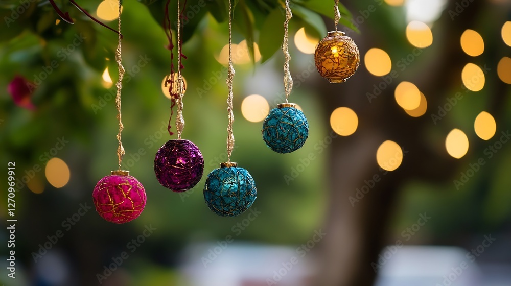 Aufkleber vibrant decorative christmas ornaments hanging from a tree with blurred background : generative ai