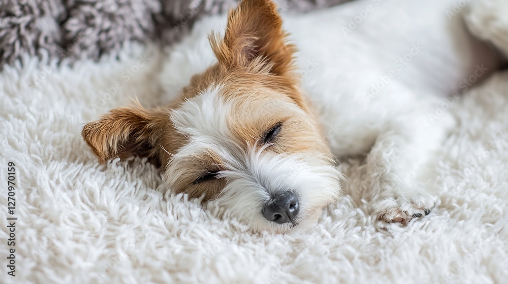 Poster cute small dog sleeping comfortably on fluffy carpet with serene expression : generative ai