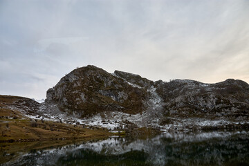 Beautiful view of Lake Enol, a stunning mountain lake in the Picos de Europa National Park