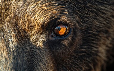 Close-up of a bears deep brown eye with rugged fur