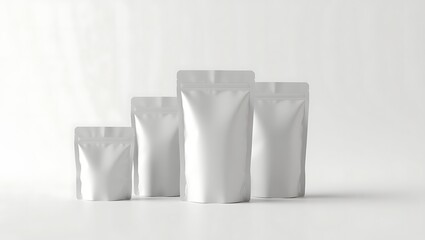 Mockup of three blank silver stand-up pouches on white background, perfect for branding and packaging design.