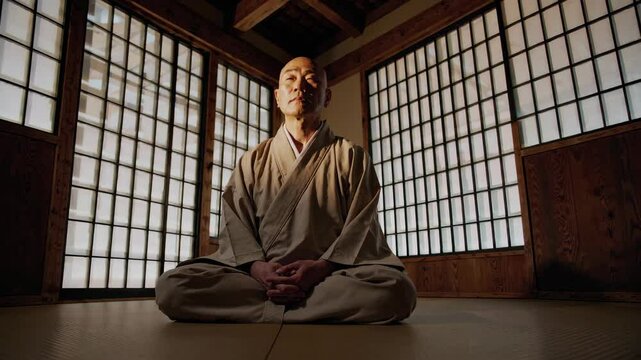 Japanese Monk Zen Meditation in Old Temple.