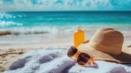 A relaxing beach setting with sunscreen, sunglasses, and a sunhat on a towel, framed by a clear blue sky and calm ocean waves
