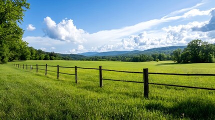 Fototapeta premium Picturesque view of a lush green meadow bordered by wooden fence under a bright blue sky : Generative AI