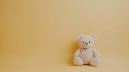 Cute beige teddy bear on a soft yellow background, symbolizing comfort, innocence, and childhood joy, perfect for family oriented themes and children s products