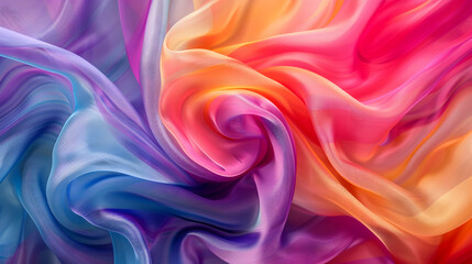 Obraz premium Colorful silk fabric swirling in vibrant hues of pink, orange, purple, and blue, creating a dynamic texture