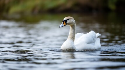Obraz premium Elegant white swan gracefully swimming on a tranquil lake with reflections in the water : Generative AI