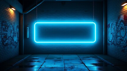 Neon Alleyway: Glowing Blue Sign in Urban Backstreet