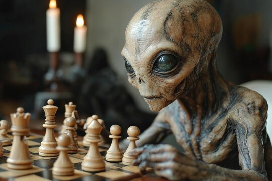 Alien playing chess in a dimly lit room with candles illuminating the strategic game on a wooden table